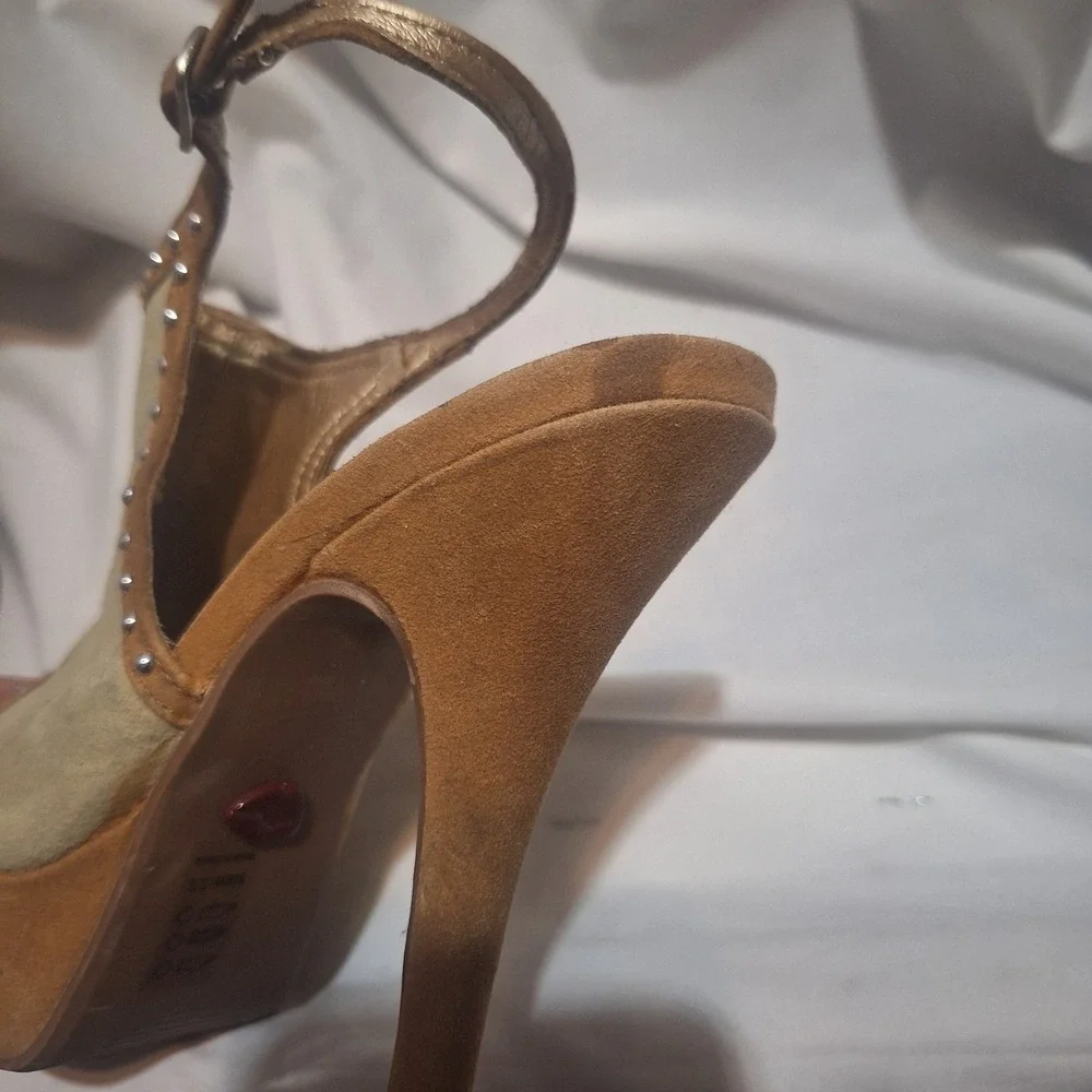Promise Tan Suede Studded Platform Slingback Stiletto Heels Peep Toe Sandals 5.5